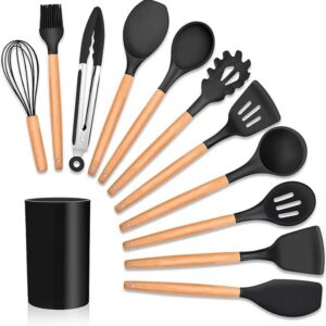 Kit 12 Utensílios de Cozinha em Silicone com Cabo de Madeira + Suporte