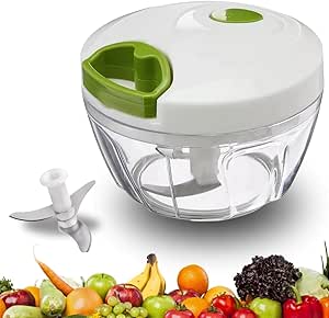 Mini Picador de Legumes Manual com Corda Retrátil – Cortador Multifunção com Lâminas Inox