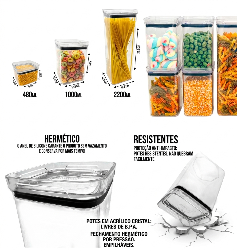 Kit 7 Potes Herméticos de Acrílico Crystal – Amobox